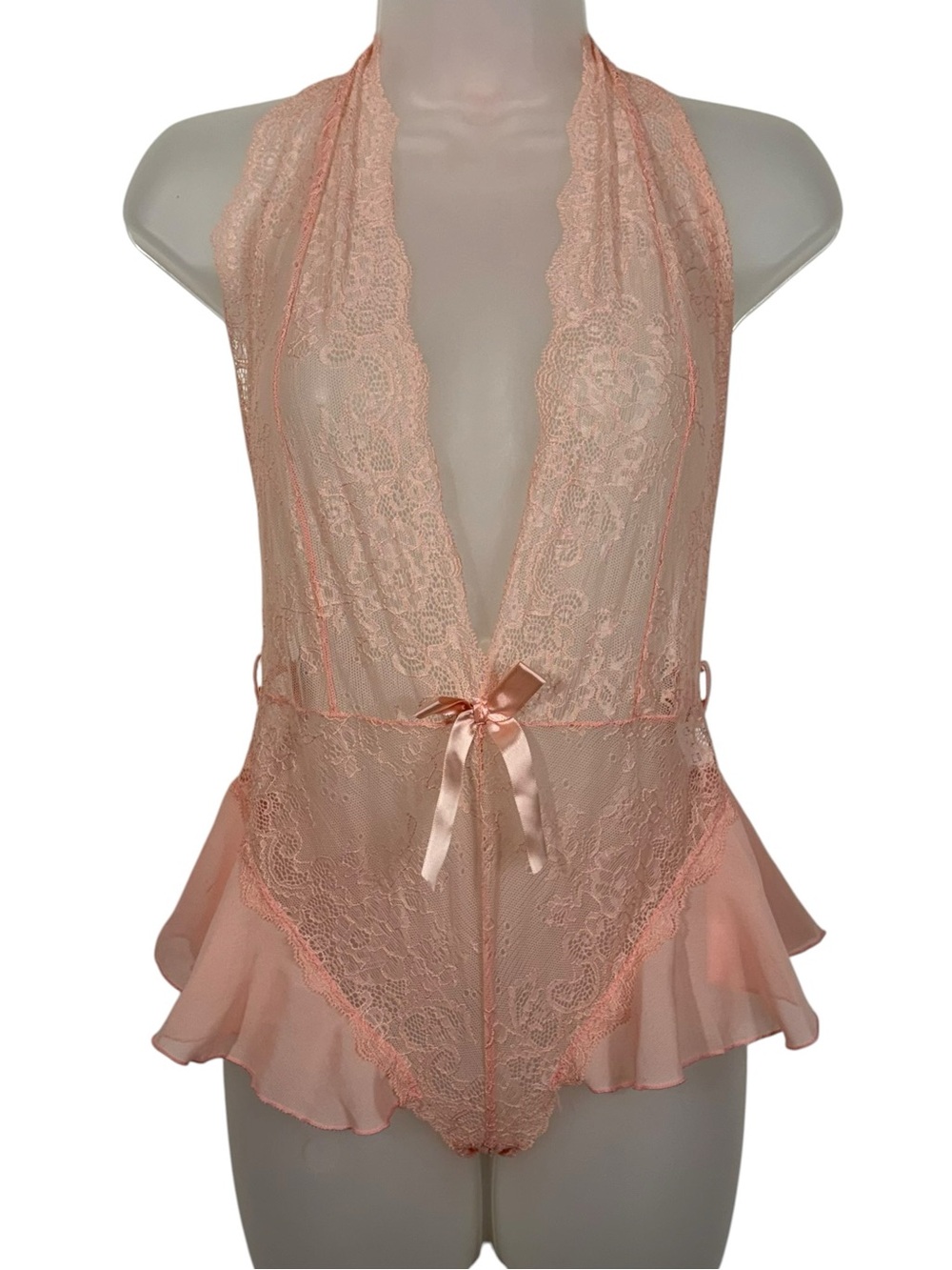 Shirley of Hollywood Pastel Peach Pink Chiffon Lace Halter Ruffle Leg Bodysuit L
